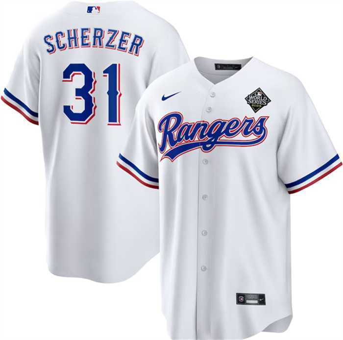 Mens Texas Rangers #31 Max Scherzer 2023 White World Series Stitched Baseball Jersey Dzhi